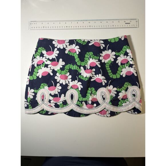 Lily Pulitzer Scalloped Skirt Navy Floral Caterpillar‎ Summer Business Size 0 - Picture 1 of 2